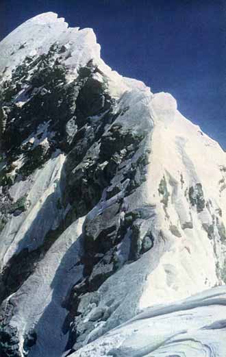 
Everest First Ascent: Edmund Hillary's photo of the Everest summit ridge, including the Hillary Step, from the Everest South Summit on May 29, 1953 - The Ascent of Everest book
